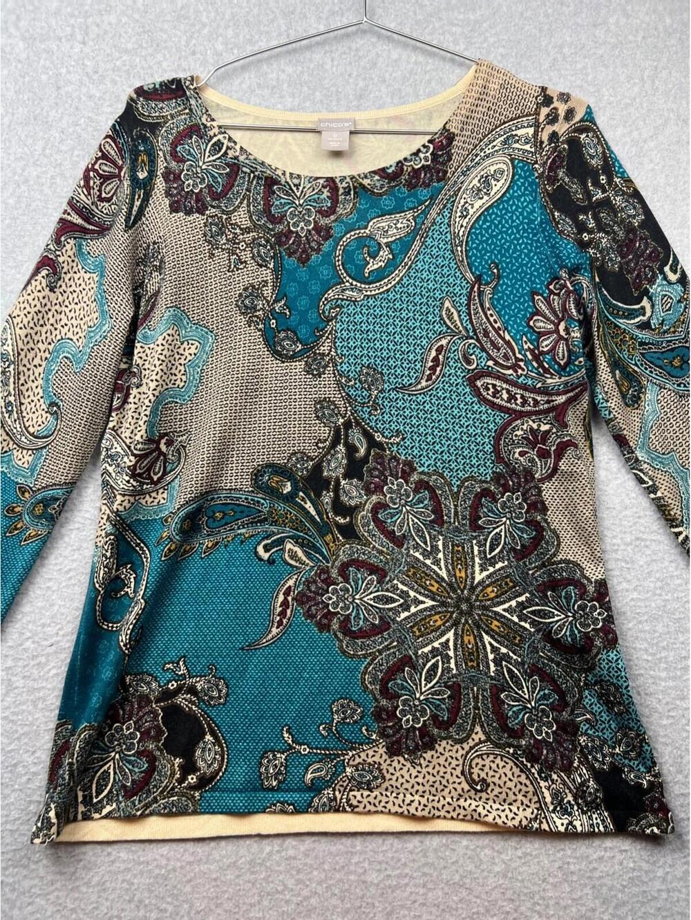 Chicos Pullover Sweaters Paisley Womens S /0 Long Sleeve Lightweight Causal
